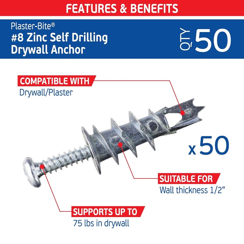 FixMaster Zinc Plaster Bite Self-Drilling Drywall Anchors w/Screws (50 Anchors & 50 Screws) – Heavy Duty Zinc Hollow Wall Anchor Kit for 3/8", 1/2", 5/8" Drywall – 75 lbs Holding Strength - Image 2